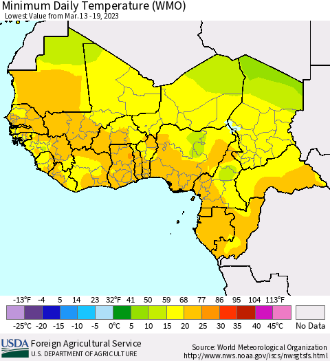 Western Africa Minimum Daily Temperature (WMO) Thematic Map For 3/13/2023 - 3/19/2023