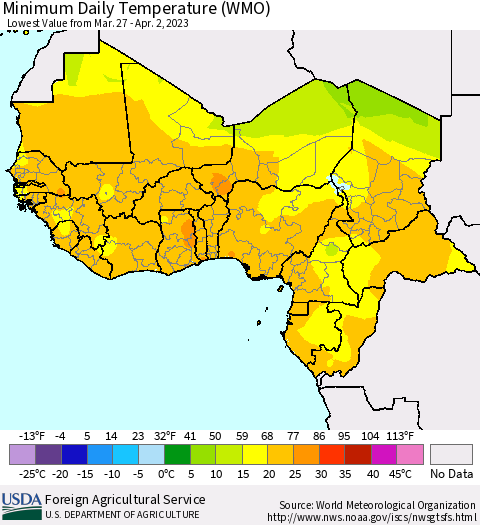 Western Africa Minimum Daily Temperature (WMO) Thematic Map For 3/27/2023 - 4/2/2023