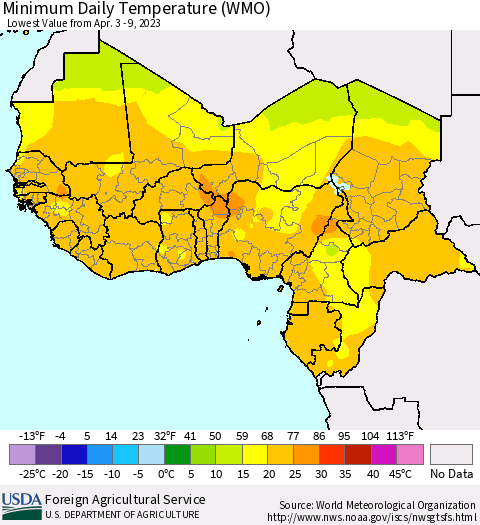 Western Africa Minimum Daily Temperature (WMO) Thematic Map For 4/3/2023 - 4/9/2023