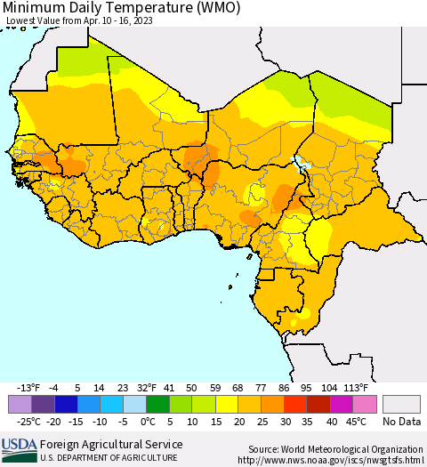 Western Africa Minimum Daily Temperature (WMO) Thematic Map For 4/10/2023 - 4/16/2023