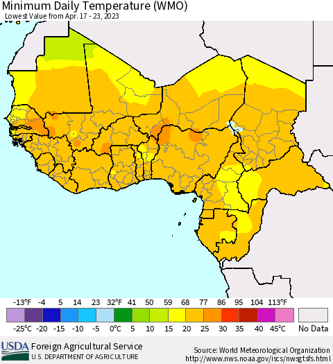 Western Africa Minimum Daily Temperature (WMO) Thematic Map For 4/17/2023 - 4/23/2023
