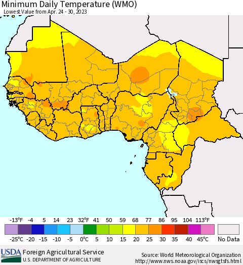 Western Africa Minimum Daily Temperature (WMO) Thematic Map For 4/24/2023 - 4/30/2023