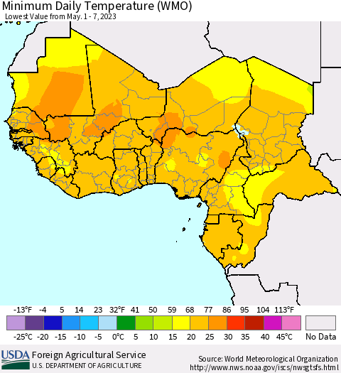 Western Africa Minimum Daily Temperature (WMO) Thematic Map For 5/1/2023 - 5/7/2023