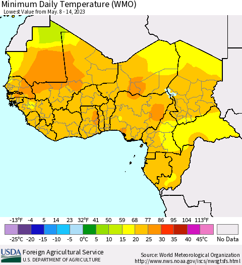 Western Africa Minimum Daily Temperature (WMO) Thematic Map For 5/8/2023 - 5/14/2023