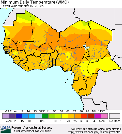 Western Africa Minimum Daily Temperature (WMO) Thematic Map For 5/15/2023 - 5/21/2023