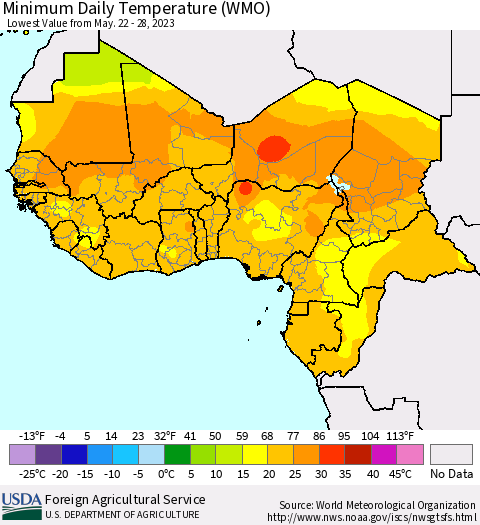 Western Africa Minimum Daily Temperature (WMO) Thematic Map For 5/22/2023 - 5/28/2023