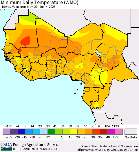 Western Africa Minimum Daily Temperature (WMO) Thematic Map For 5/29/2023 - 6/4/2023