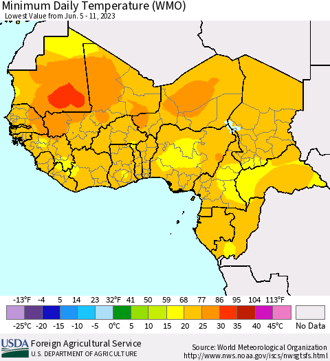 Western Africa Minimum Daily Temperature (WMO) Thematic Map For 6/5/2023 - 6/11/2023
