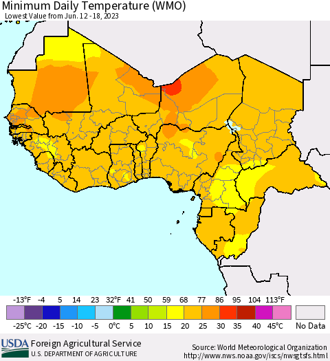 Western Africa Minimum Daily Temperature (WMO) Thematic Map For 6/12/2023 - 6/18/2023