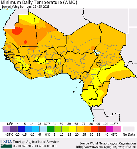 Western Africa Minimum Daily Temperature (WMO) Thematic Map For 6/19/2023 - 6/25/2023