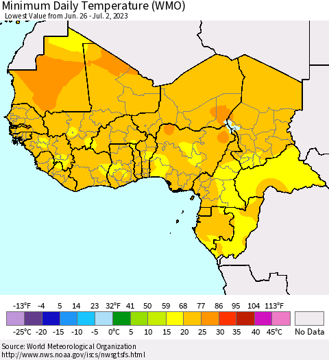Western Africa Minimum Daily Temperature (WMO) Thematic Map For 6/26/2023 - 7/2/2023