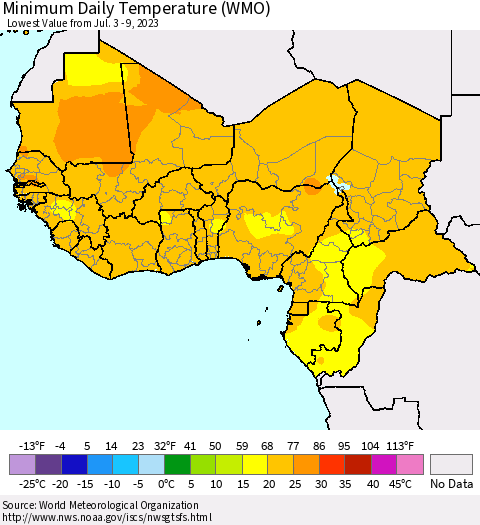 Western Africa Minimum Daily Temperature (WMO) Thematic Map For 7/3/2023 - 7/9/2023