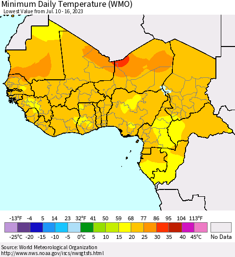 Western Africa Minimum Daily Temperature (WMO) Thematic Map For 7/10/2023 - 7/16/2023