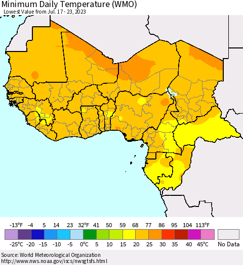 Western Africa Minimum Daily Temperature (WMO) Thematic Map For 7/17/2023 - 7/23/2023