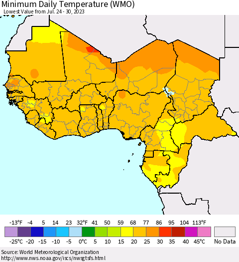 Western Africa Minimum Daily Temperature (WMO) Thematic Map For 7/24/2023 - 7/30/2023