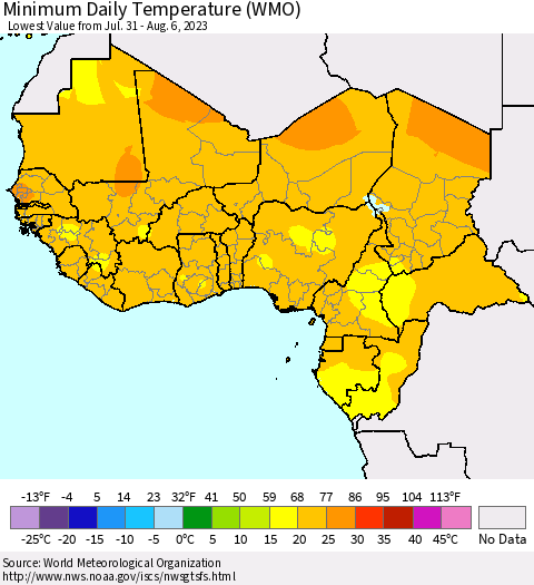 Western Africa Minimum Daily Temperature (WMO) Thematic Map For 7/31/2023 - 8/6/2023