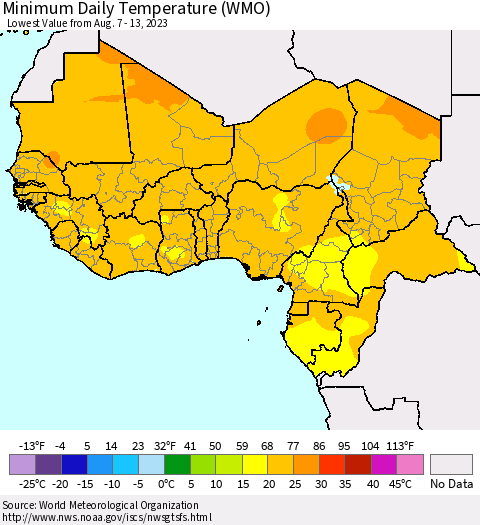 Western Africa Minimum Daily Temperature (WMO) Thematic Map For 8/7/2023 - 8/13/2023