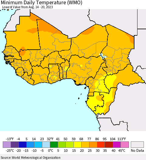 Western Africa Minimum Daily Temperature (WMO) Thematic Map For 8/14/2023 - 8/20/2023