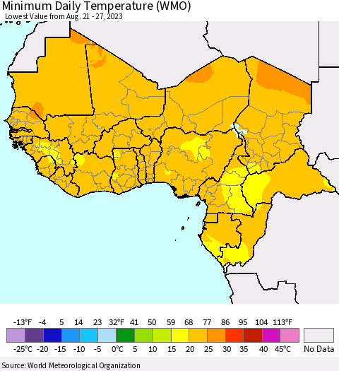 Western Africa Minimum Daily Temperature (WMO) Thematic Map For 8/21/2023 - 8/27/2023