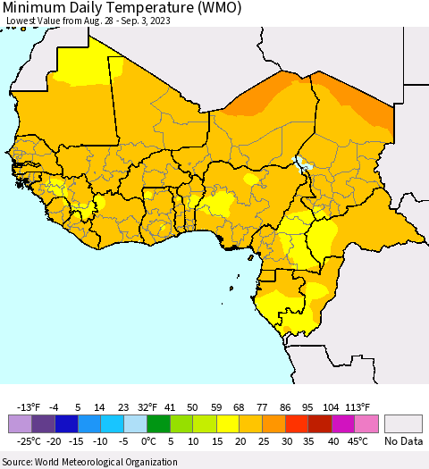 Western Africa Minimum Daily Temperature (WMO) Thematic Map For 8/28/2023 - 9/3/2023