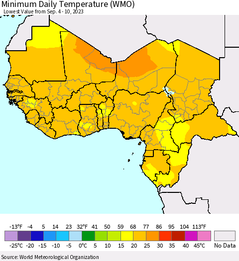 Western Africa Minimum Daily Temperature (WMO) Thematic Map For 9/4/2023 - 9/10/2023