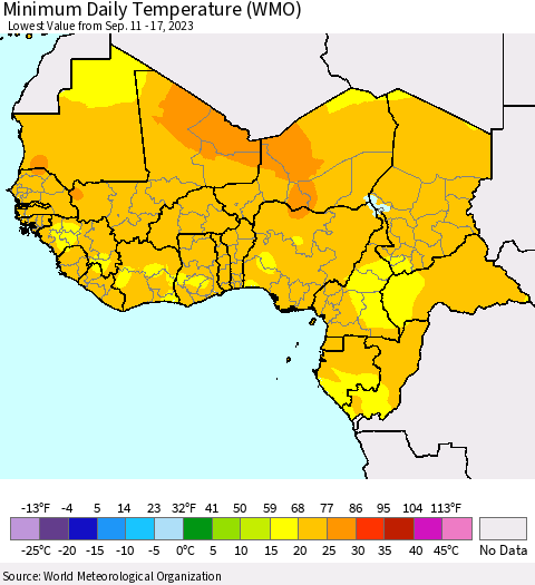 Western Africa Minimum Daily Temperature (WMO) Thematic Map For 9/11/2023 - 9/17/2023