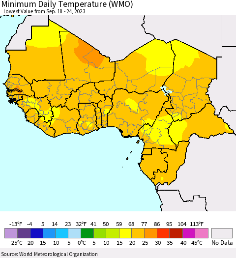 Western Africa Minimum Daily Temperature (WMO) Thematic Map For 9/18/2023 - 9/24/2023