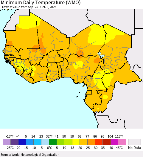 Western Africa Minimum Daily Temperature (WMO) Thematic Map For 9/25/2023 - 10/1/2023