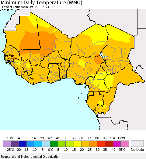Western Africa Minimum Daily Temperature (WMO) Thematic Map For 10/2/2023 - 10/8/2023
