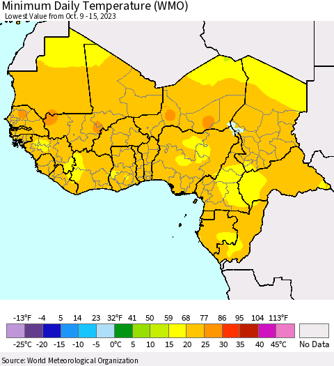Western Africa Minimum Daily Temperature (WMO) Thematic Map For 10/9/2023 - 10/15/2023