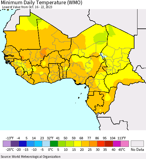 Western Africa Minimum Daily Temperature (WMO) Thematic Map For 10/16/2023 - 10/22/2023