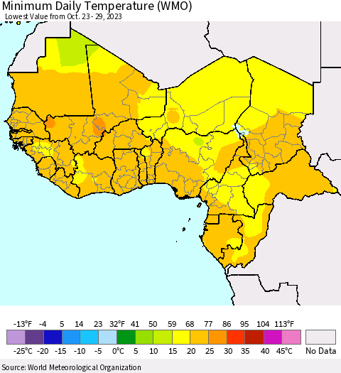 Western Africa Minimum Daily Temperature (WMO) Thematic Map For 10/23/2023 - 10/29/2023