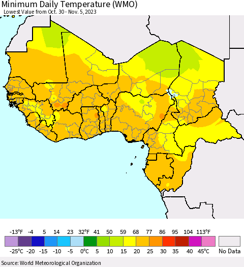 Western Africa Minimum Daily Temperature (WMO) Thematic Map For 10/30/2023 - 11/5/2023