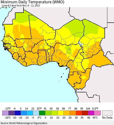 Western Africa Minimum Daily Temperature (WMO) Thematic Map For 11/6/2023 - 11/12/2023