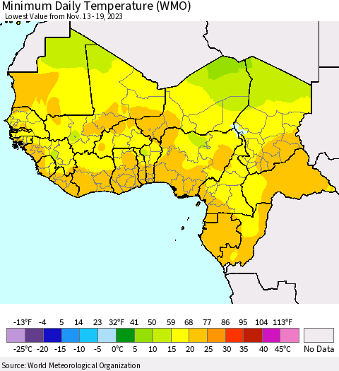 Western Africa Minimum Daily Temperature (WMO) Thematic Map For 11/13/2023 - 11/19/2023