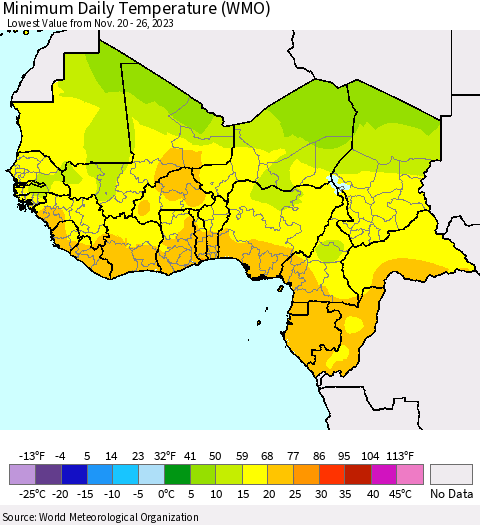 Western Africa Minimum Daily Temperature (WMO) Thematic Map For 11/20/2023 - 11/26/2023