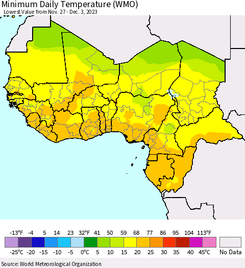 Western Africa Minimum Daily Temperature (WMO) Thematic Map For 11/27/2023 - 12/3/2023