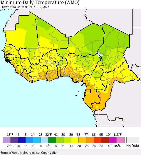 Western Africa Minimum Daily Temperature (WMO) Thematic Map For 12/4/2023 - 12/10/2023
