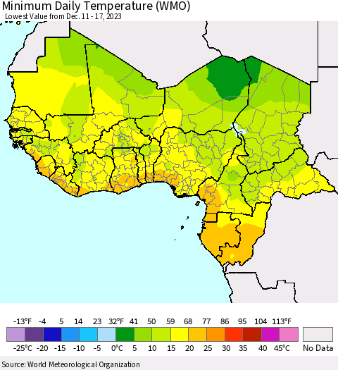 Western Africa Minimum Daily Temperature (WMO) Thematic Map For 12/11/2023 - 12/17/2023