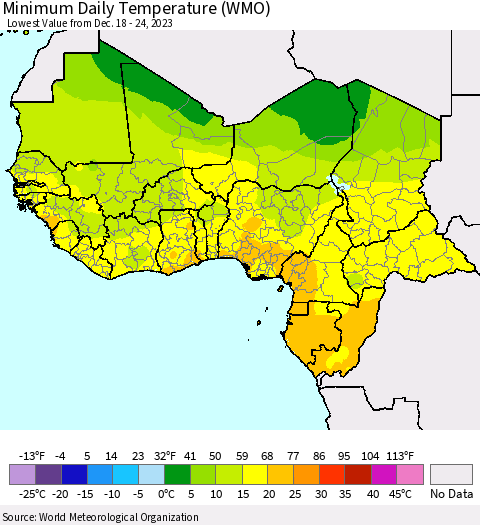 Western Africa Minimum Daily Temperature (WMO) Thematic Map For 12/18/2023 - 12/24/2023