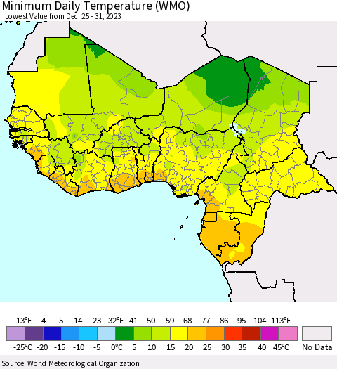 Western Africa Minimum Daily Temperature (WMO) Thematic Map For 12/25/2023 - 12/31/2023
