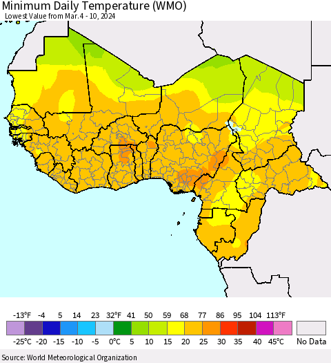 Western Africa Minimum Daily Temperature (WMO) Thematic Map For 3/4/2024 - 3/10/2024