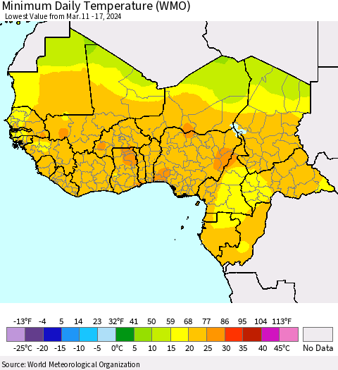 Western Africa Minimum Daily Temperature (WMO) Thematic Map For 3/11/2024 - 3/17/2024