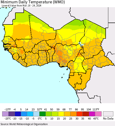 Western Africa Minimum Daily Temperature (WMO) Thematic Map For 3/18/2024 - 3/24/2024