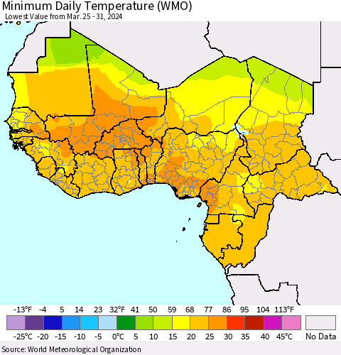 Western Africa Minimum Daily Temperature (WMO) Thematic Map For 3/25/2024 - 3/31/2024