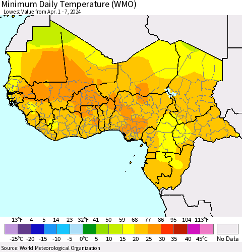 Western Africa Minimum Daily Temperature (WMO) Thematic Map For 4/1/2024 - 4/7/2024