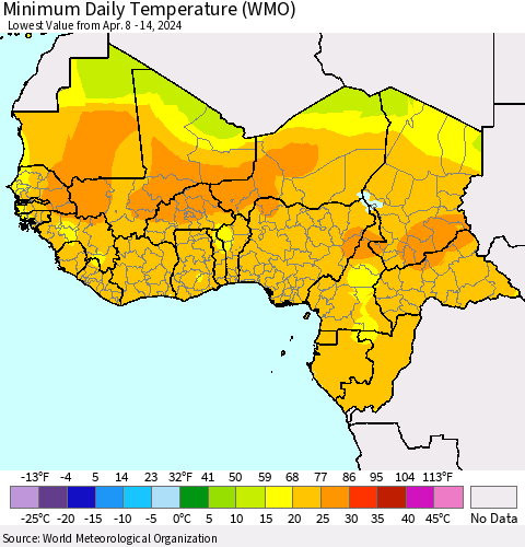 Western Africa Minimum Daily Temperature (WMO) Thematic Map For 4/8/2024 - 4/14/2024