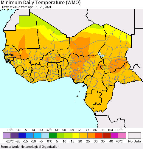 Western Africa Minimum Daily Temperature (WMO) Thematic Map For 4/15/2024 - 4/21/2024