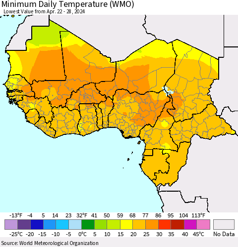 Western Africa Minimum Daily Temperature (WMO) Thematic Map For 4/22/2024 - 4/28/2024