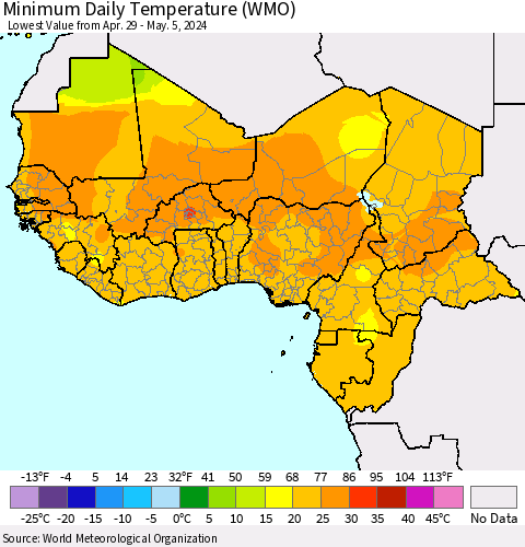 Western Africa Minimum Daily Temperature (WMO) Thematic Map For 4/29/2024 - 5/5/2024